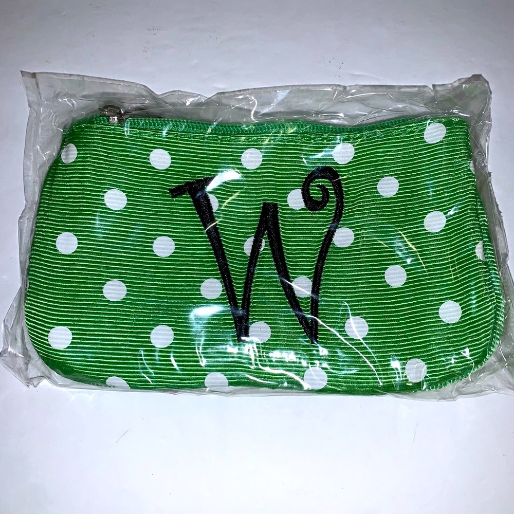 Small Fabric Monogram Pouch - Letter W Polka Dot Green